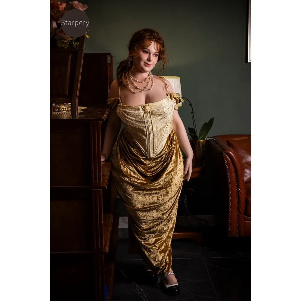 Starpery Ivory 161 cm BBW silicone doll in a gold gown, full view, seller photo