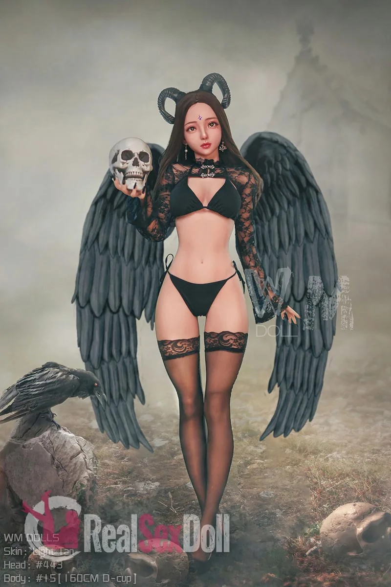 WM Vanna 160 cm D-cup doll in black lingerie with horns and wings, full view, maker photo